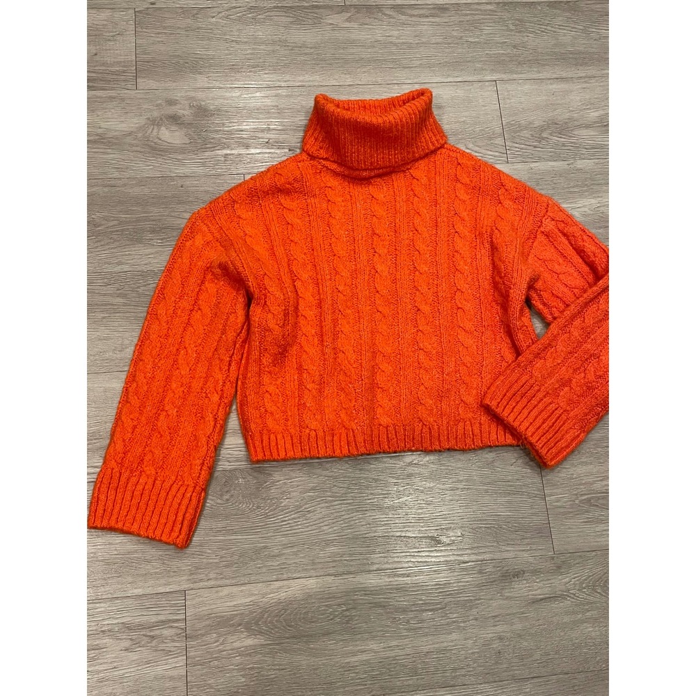 Boho Chunky Cable Knit Turtleneck Sweater Cozy Fall Orange Women Size Small